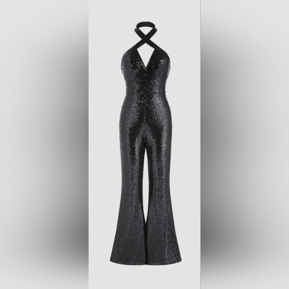 Women's Cider Halter Glittery Sequined Black One Piece Flared Romper (SIZE:XS) - Picture 2 of 7